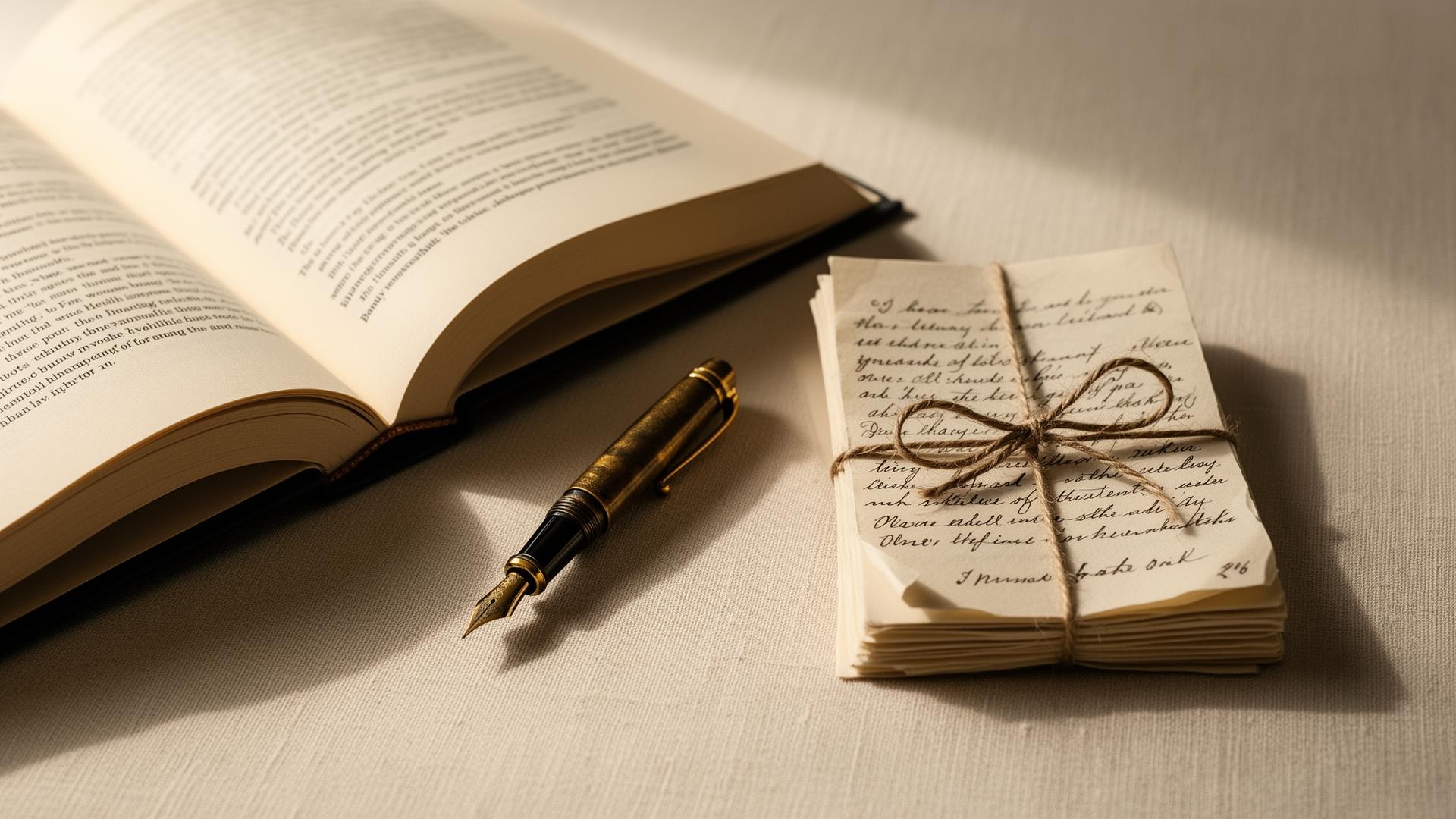 Open hardcover book with fountain pen and manuscript pages on cream linen